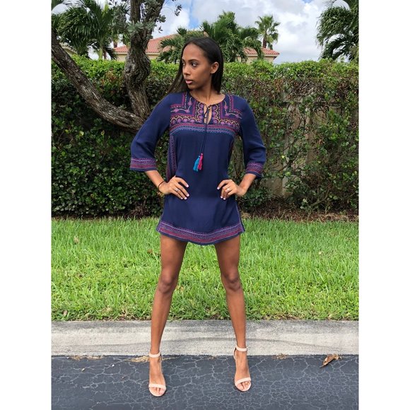 THML Embroidered Shift Dress, Navy - Picture 7 of 7